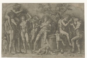 Bacchanal med satyrer og bacchanter ved vinpresse af Andrea Mantegna