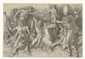 Battle of the Sea Gods, med Envy (Invidia) til venstre Kamp mellem satyrer, der rider på hippocampi, og gammel kvinde som personificering af misundelse, der står på ryggen af ​​dragen Slaget ved havguderne af Andrea Mantegna