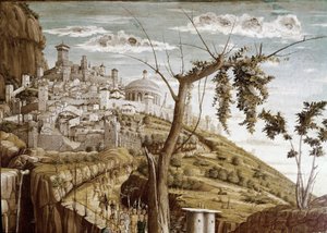 Kristus beder i oliventræernes have, venstre del af predellen, San Zeno-altertavlen (tempera på træ, ca. 1457-1460) af Andrea Mantegna