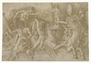 Kamp mellem satyrer, der rider på hippocampi, og gammel kvinde som personificering af misundelse, der står på ryggen af ​​dragen Slaget ved havguderne af Andrea Mantegna