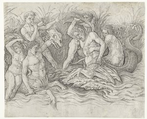 Kamp mellem tritoner med nereider på ryggen Battle of Sea Gods af Andrea Mantegna