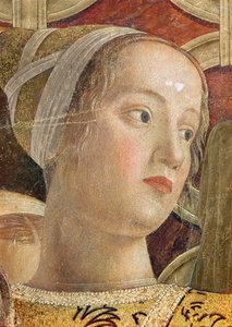 Hoved af en kvinde, detalje af markis Ludovico III Gonzaga og hans hof i Camera degli Sposi, ca. 1465-75 (detaljer fra 166336)