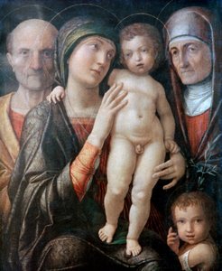 Hellig familie med Sankt Elizabeth og Sankt Johannes Døberen som et barn, c1495-1500 af Andrea Mantegna
