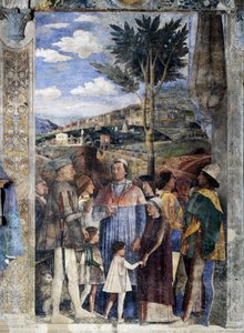 L. Gonzaga, hans sønner kardinal Francesco Gonzaga, Federico I Gonzaga, Francesco, Sigismondo, til højre den hellige romerske kejser Frederik III, Christian I af Danmark, mødes væg, detalje (fresko) af Andrea Mantegna