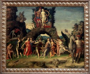Mars og Venus eller Parnass. Maleri af Mars og Venus på klippen, Pegase og Merkur, Apollo og de ni muser Calliope (episk poesi), Clio (historie), Erato (lyrisk kunst), Euterpe (musik), Melpomene (tragedie), Polymnie (retorik), Terpsichore af Andrea Mantegna