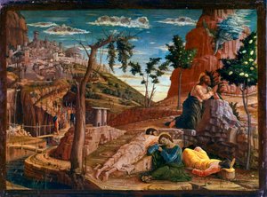 Bøn i Oliehaven Efter den sidste nadver går Kristus til Getsemani-højen, som dominerer Jerusalem med apostlene. Romerske soldater nærmer sig for at stoppe ham. Altertavle af San Zeno de Verona. Maleri (tempera) på træ af Andrea Man af Andrea Mantegna