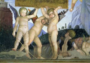 Putti med sommerfuglevinger, der understøtter dedikationspladen, fra Camera degli Sposi eller Camera Picta, 1465-74 freskodetalje af 78449