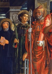 San Zeno-alteret. Detalje af højre side. 1457-1460. Detaljen viser Augustin af Hippo, Lawrence af Rom og Benedikt af Nursia af Andrea Mantegna