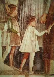 Ankomsten af kardinal Francesco Gonzaga, mødt af sin far Marchese Ludovico Gonzaga III og hans brødre, detalje af Gonzague-børnene, ca. 1465-74 (detalje af 78454) af Andrea Mantegna