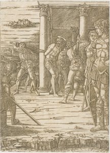 Kristi flagellering med den landskabelige baggrund af Andrea Mantegna