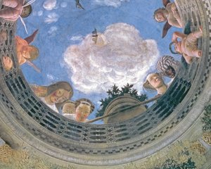 Trompe loeil oculus i midten af det hvælvede loft på Camera degli Sposi eller Camera Picta, 1465-74 freskodetalje af 72245 af Andrea Mantegna