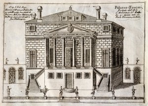 Hovedfacade af Villa Foscari kendt som La Malcontenta, Mira, designet af Andrea Palladio (1508-1580), gravering fra Langs Brenta Canal, næsten bydel af byen Venedig, af Vincenzo Coronelli (1650-1718), Venedig