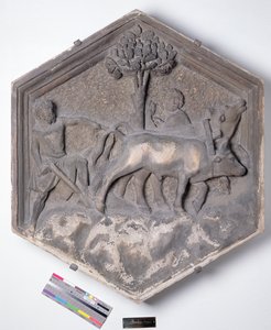 The Art of Agriculture, sekskantet dekorativ reliefflise fra en serie, der forestiller udøverne af kunst og videnskab, muligvis baseret på design af Giotto (ca. 1266-1337) ca. 1334-1348 (marmor)