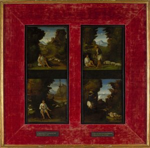 Scener fra Tebaldeos Eclogues, ca. 1510 af Andrea Previtali