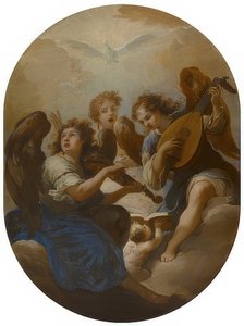 Tre engle spiller musik. Før 1720