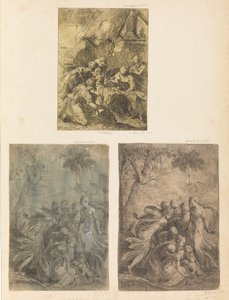 Tilbedelse af hyrderne, Moses reddet fra Nilen, ca. 1540-44. af Andrea Schiavone