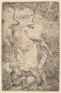 Apollo til højre med en bue, der jagter Daphne til venstre, ca. 1538-40. af Andrea Schiavone