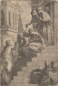 Christ addressing a group of women seated and standing on steps, ca. 1541-44. dani af Andrea Schiavone