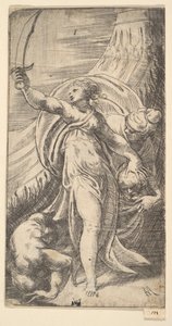 Judith hendes sværd løftet i højre hånd, og placerede Holofernes hoved i sa..., ca. 1542-45. af Andrea Schiavone