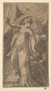 Judith med sit sværd hævet i højre hånd og placerede hovedet af Holofernes i..., ca. 1540-45.