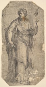 Sankt Matthæus holder en stav og en bog og drejer til venstre, ca. 1540-50. af Andrea Schiavone