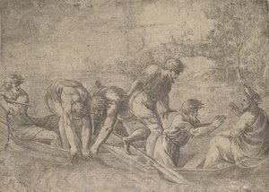 Fiskenes mirakuløse udkast, Kristus til højre ledsaget af apostle i..., ca.1548-52. af Andrea Schiavone