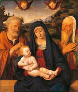 Madonna og barn med de hellige Joseph og Simeon af Andrea Solario (1470-1524), tempera og olie på panel, overført til lærred af Andrea Solario
