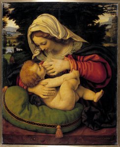Jomfruen med grøn pude-maleri af Andrea Solario (1460-1522) 1400-tallets søn. 0,59x0,47 m