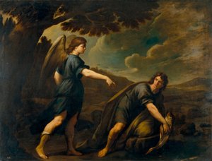 Englen og Tobias med fisken - Maleri af Andrea Vaccaro (1604-1670), olie på lærred (199,5x262 cm), ca. 1640, italiensk kunst