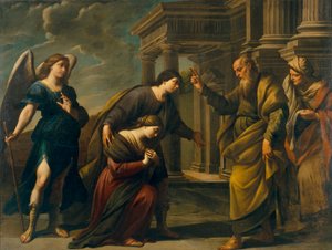Raguel velsigner sin datter Sarah, inden han tager af sted til Ecbatane med Tobias (Raguels velsignelse af hendes datter Sarah, før han forlader Ecbatana med Tobias) - Maleri af Andrea Vaccaro (1604-1670), olie på lærred (200,3x262 cm), ca. 1640, kunst ita