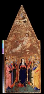 ""Kristi himmelfart"" Nedenfor ser Jomfru Maria og apostlene Jesus Kristus. Ovenfor en repræsentation af profeten Jeremias. Tempera på træ af Andrea Vanni (1332-1414) 1355-1360 Dim. 68x28 cm Eremitagemuseet, Sankt Petersborg (Saint-Petersbo af Andrea Vanni