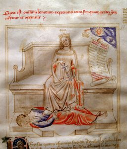 Allegorier om troen i "" Chansonne des sept virtues et des sept arts liberoux destinee to Bruzio Visconti "(Sangen om dyder og videnskaber) af Bartolomeo di Bartoli. Akvarel af Andrea di Bartoli (aktiv mellem 1358 og 1368) (ms. 599, fol. 5