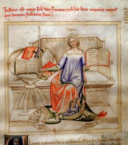Allegorier om retfærdighed i "" Chansonne des sept Vertus et des sept Arts liberales bestemt til Bruzio Visconti "" (Sangen om dyder og videnskaber) af Bartolomeo di Bartoli. Akvarel af Andrea di Bartoli (aktiv mellem 1358 og 1368) (ms. 599, fol.