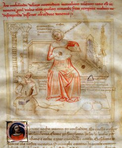 Allegorier for musikken i "" Chansonne des sept Vertus et des sept Arts liberales destinee à Bruzio Visconti "(Sangen om dyder og videnskaber) af Bartolomeo di Bartoli. Akvarel af Andrea di Bartoli (aktiv mellem 1358 og 1368) (ms. 599, fol.