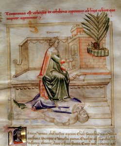 Allegorier of Temperance i "" Chansonne des sept virtues et des sept arts liberoux destinee a Bruzio Visconti "(Sangen om dyder og videnskaber) af Bartolomeo di Bartoli. Akvarel af Andrea di Bartoli (aktiv mellem 1358 og 1368) (ms. 599, f