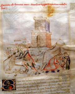 Allegori om mod med Samson, der river løven og Judith, der halshugger Holofernes i "" Sang om de syv dyder og de syv liberale kunster dedikeret til Bruzio Visconti"" (Dydens og videnskabens Canzone) af Bartolomeo di Baartoli. Akvarel af Andrew