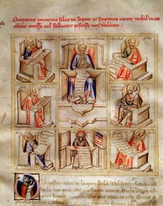 Repræsentation af kirkens læger: Sankt Johannes, Sankt Ambrosius af Milano, Sankt Hieronymus, Sankt Gregoire den Store og Sankt Paul i "" Song of the Seven Vertus and the Seven Liberal Arts destinee for Bruzio Visconti"" (La Canzone delle) Virtu og dell af Andrea de Bartoli