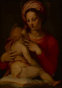Madonnaen og barnet (olie på panel) af Andrea del (attr.to) Sarto