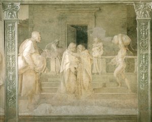 Jomfrubesøg hos Elizabeth, detaljer fra Stories of Virgin af Andrea del Sarto (1486-1530), freskomaleri i monokrom, Cloister of Scalzo, Firenze af Andrea del Sarto