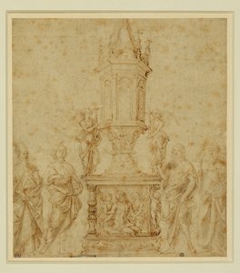 Verrocchios skole. Relikvieskrin mellem en hellig ... af Andrea del Verrocchio
