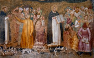 Den militante kirkes triumf: Thomas Aquinas før kætterne og nederst til højre rev Fra Dolcino den officielle doktrin om kirken. Spagniardernes Kapel (Detalje af fresken, 1365)