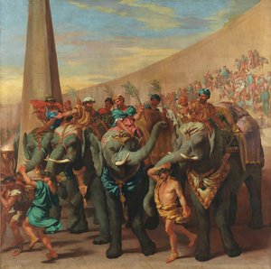 Elephants dans un cirque - Elephants in a circus, af Andrea di Leone (1596-1675). Olie på lærred, ca 1637-1640. Mål: 229x231 cm. Museo del Prado, Madrid