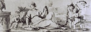 Kvindefigur med putti, allegorisk komposition, ca 1754, design af Andrea Appiani (1754-1817) til kommode-bureau af Giuseppe Maggiolini, Italien af Andrea the Elder Appiani