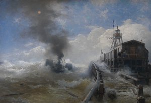 En slæbebåd, der forlader havnen i Oostende ved højvande af Andreas Achenbach