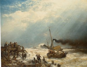 Tysk: Havnen i Oostende. 1858 Havnen i Ostende af Andreas Achenbach