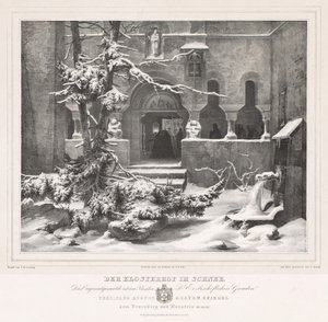 Kirkegård med sne, ca. 1835. af Andreas Borum