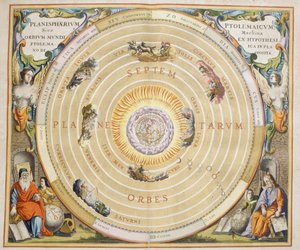 Harmonia Macrocosmica, ptolemæisk teori om planetarisk bevægelse, gravering, af Andreas Cellarius (1596-1665)