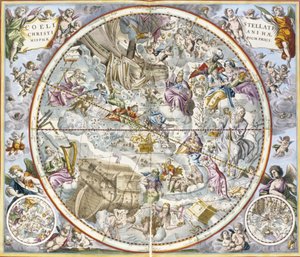 Kort over de kristne konstellationer som afbildet af Julius Schiller, fra The Celestial Atlas, eller The Harmony of the Universe atlas coelestis seu harmonia macrocosmica pub. af Joannes Janssonius, Amste