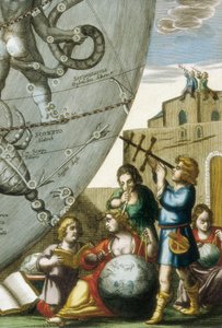 Forskere (astrologer og astronomer) studerer glober og himmelkort, detaljer fra Atlas Coelestis seu Harmonia Macrocosmica af Andreas Cellarius (1596-1665) af Andreas Cellarius