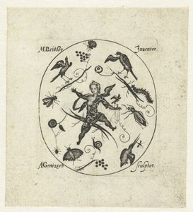 Oval med putto omgivet af fugle, sommerfugle og insekter Moderne grotesker i form af sorte ornamenter (serietitel) af Andreas Gentzsch